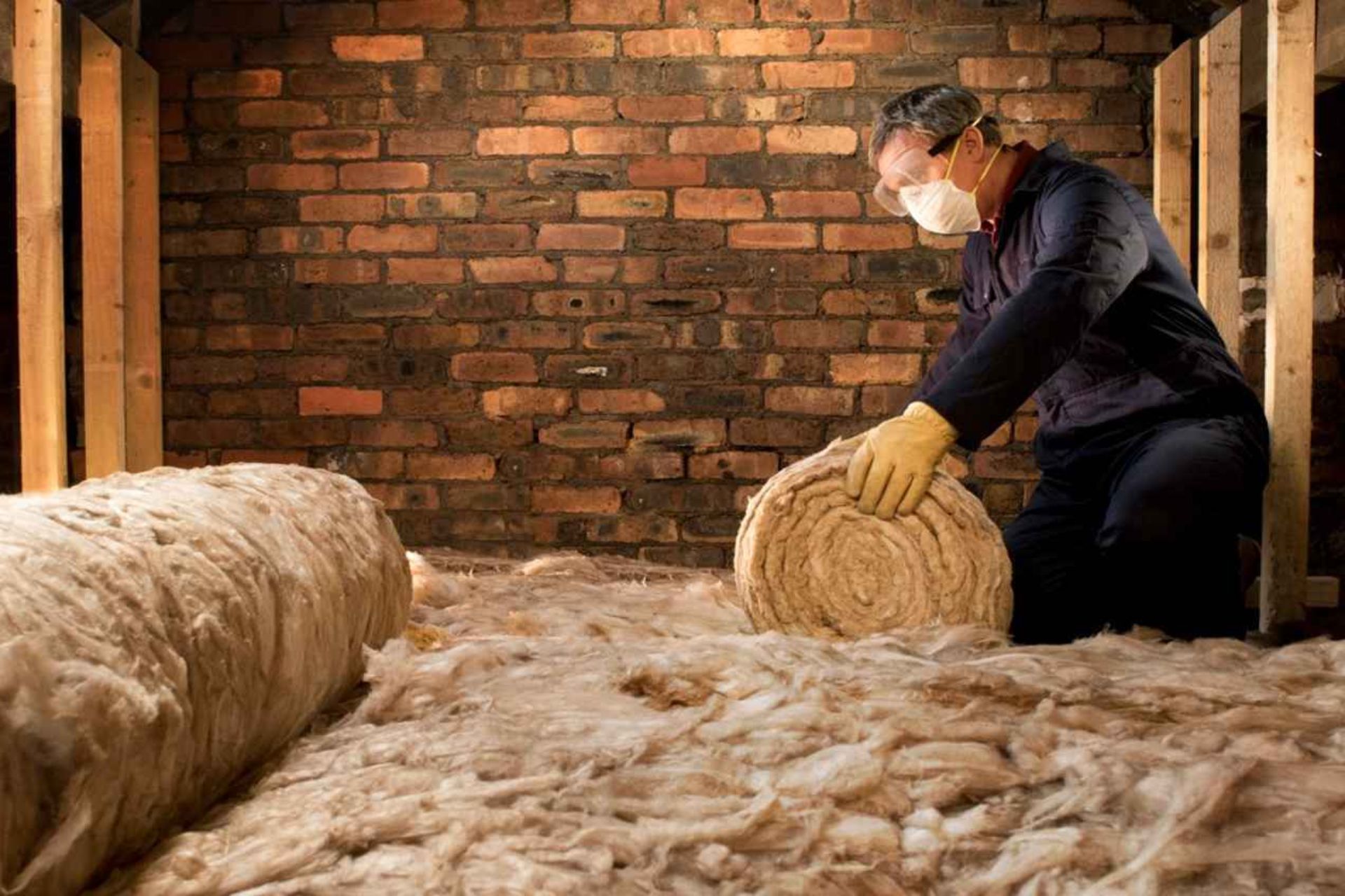 A worker in protective gear installs insulation material in a brick-walled attic space.