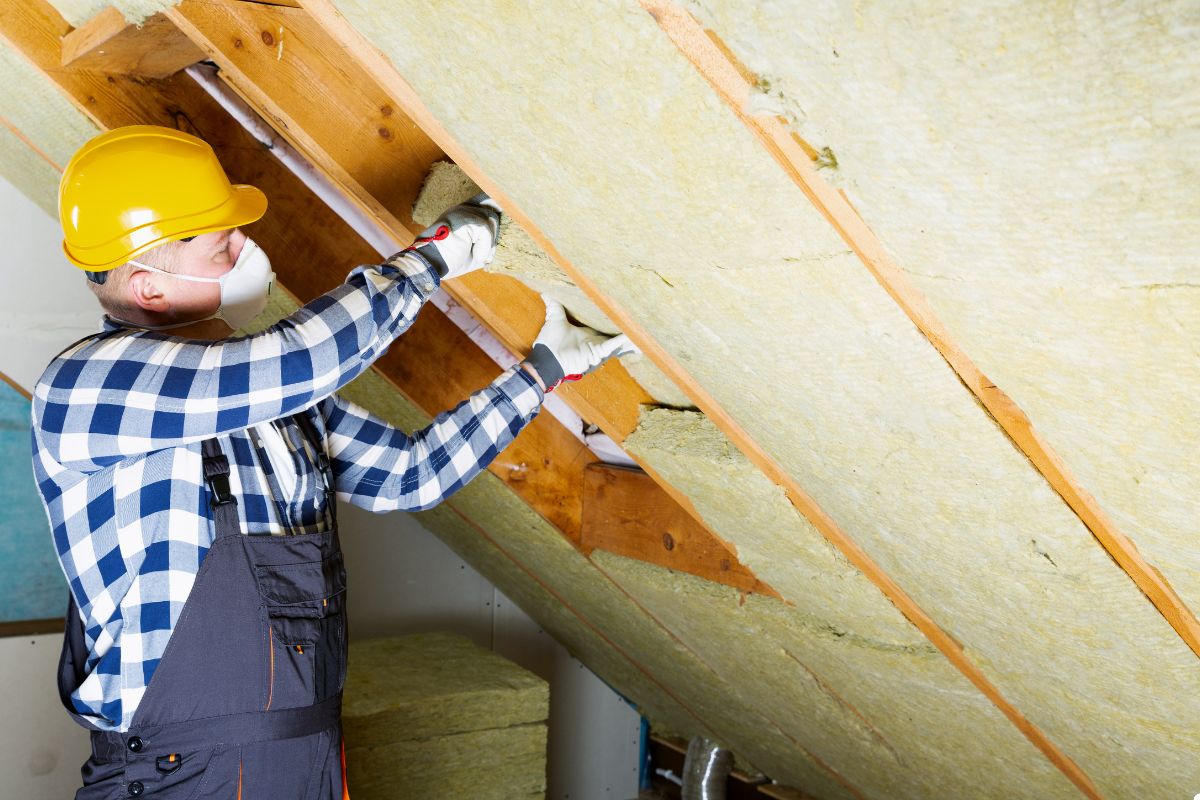 A man wearing a hard hat and overalls installs insulation in an attic, focusing on his task amidst wooden beams. 
