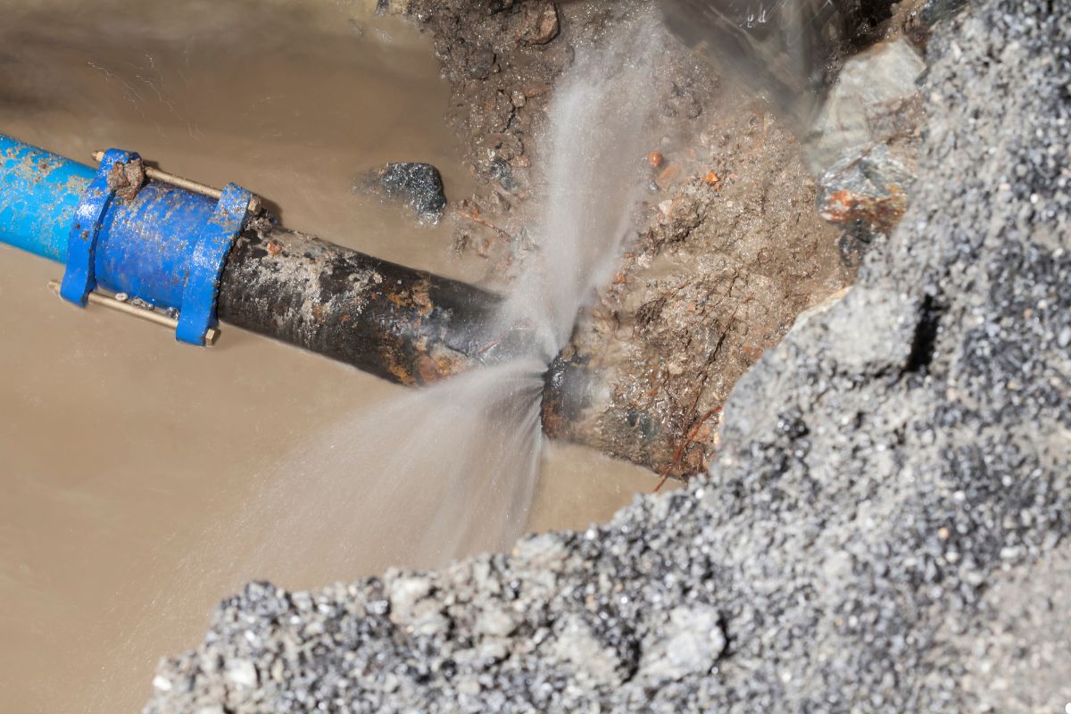 Water flows from a pipe into a hole, illustrating a process related to irrigation or drainage.