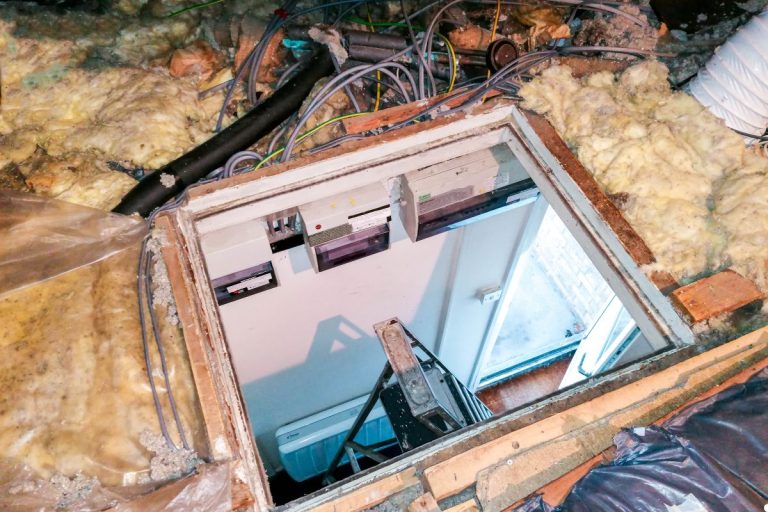 An open small window in a house, revealing insulation materials around the frame.